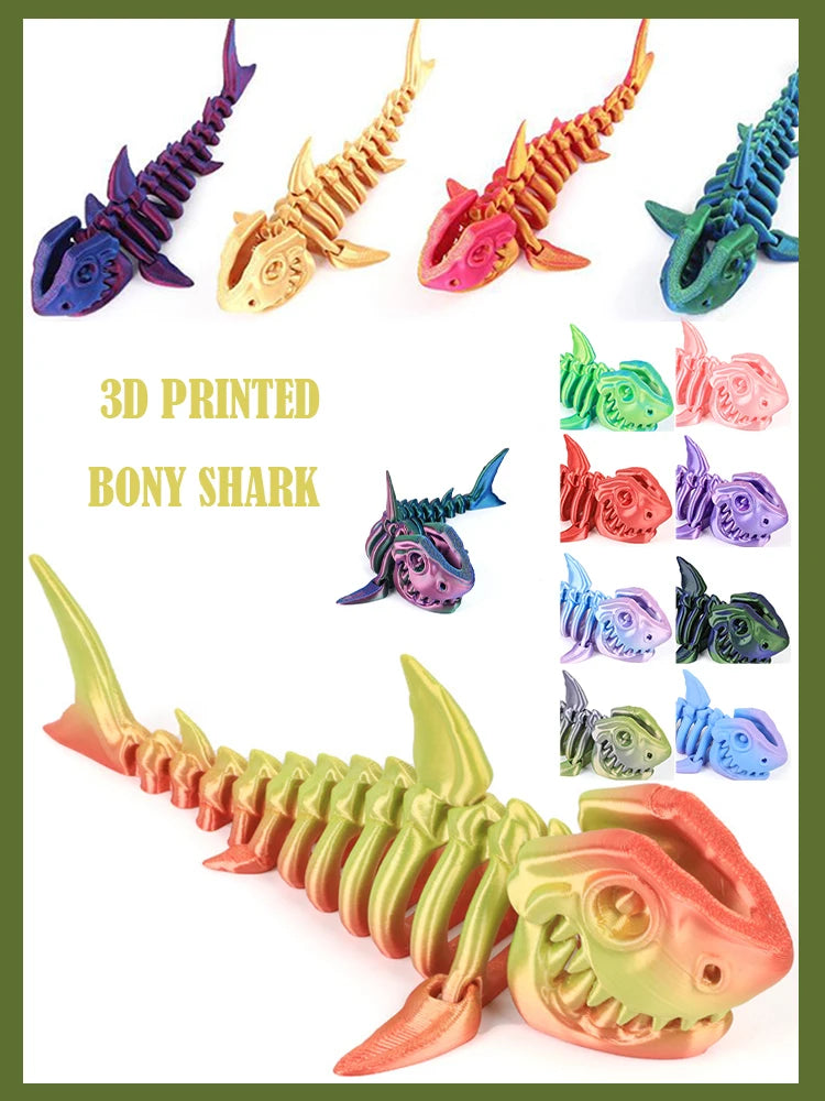 3D Printed Bony Shark Model Toys Animals Figurines Multi-Jointed Fishbowl Setting Decorative Desktop Ornament Kids Novelty Gifts